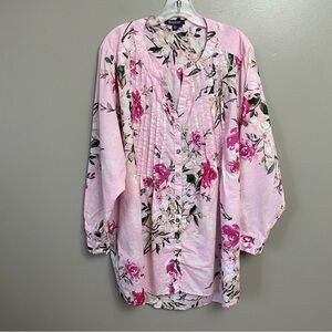 Roaman's Pink Floral Cotton Pleated Long Sleeve Blouse 22W